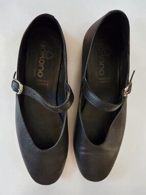 Black Leather Yokono Mary Jane Flats with Buckle Strap